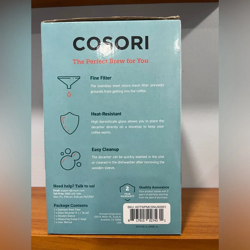 COSORI Pour Over Coffee Maker with Double Layer Stainless Steel 8 Cup NEW IN BOX